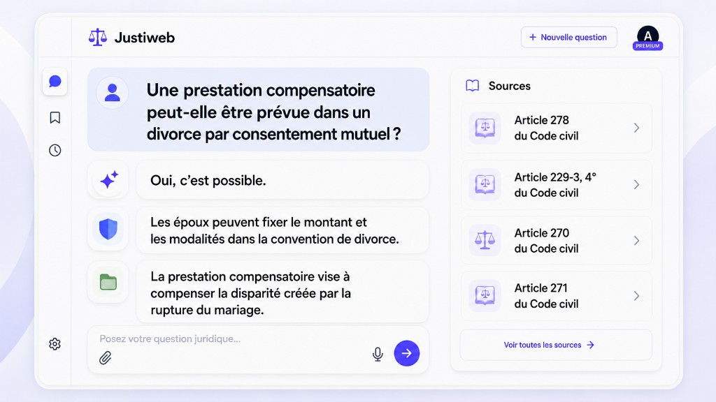 Exemple Justiweb : prestation compensatoire dans un divorce par consentement mutuel, avec articles du Code civil en sources