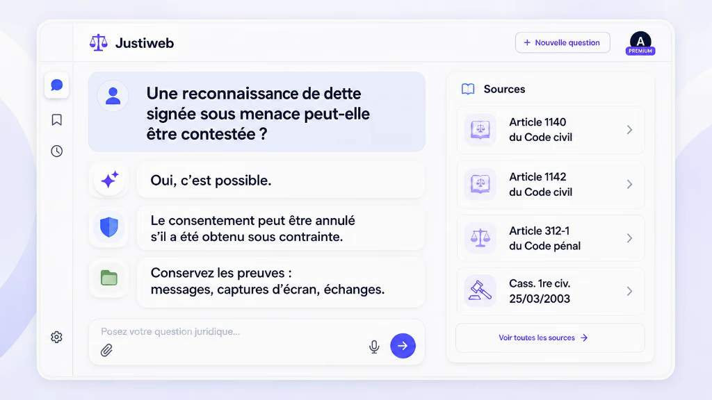 Interface de l'IA juridique Justiweb affichant une réponse sourcée en droit de la consommation