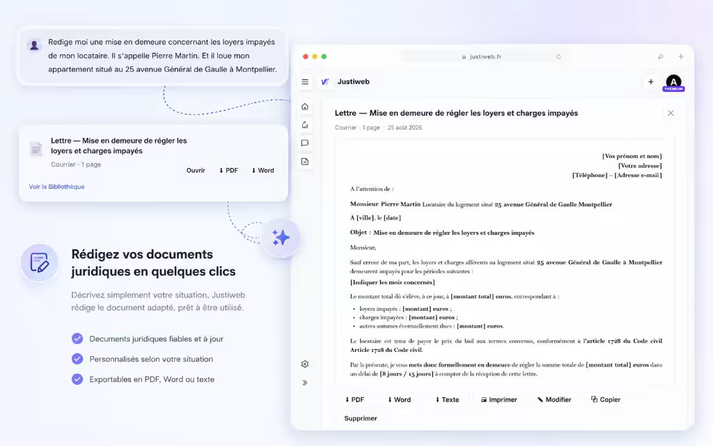 Génération d'un courrier juridique PDF et Word avec Justiweb
